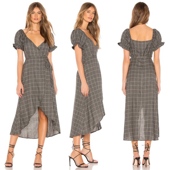 Privacy Please Dresses & Skirts - Privacy Please Womens Dress Black Size Small Kylie Plaid Wrap Puff Sleeve Maxi